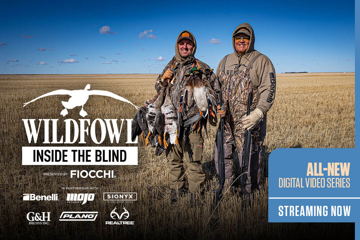 2 hunters holding many killed wildfowl in brown, harvested field
