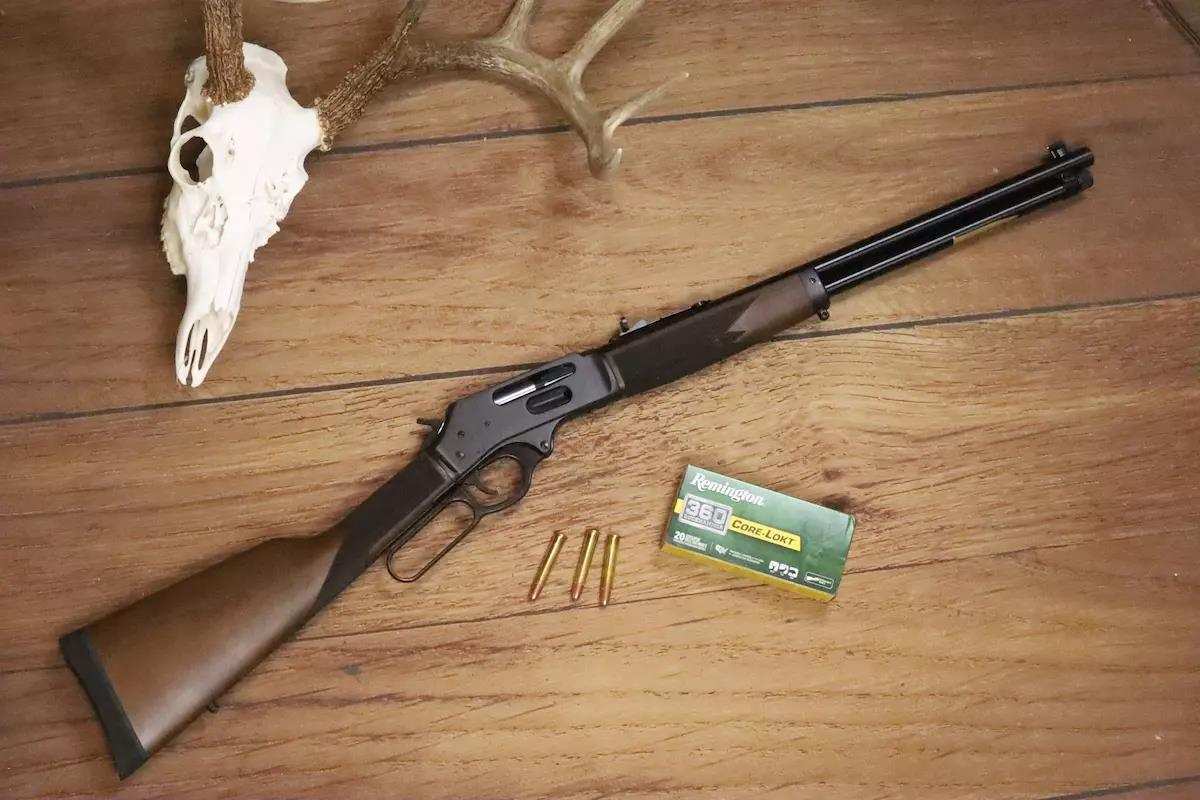 Rifle next to animal skull and ammo