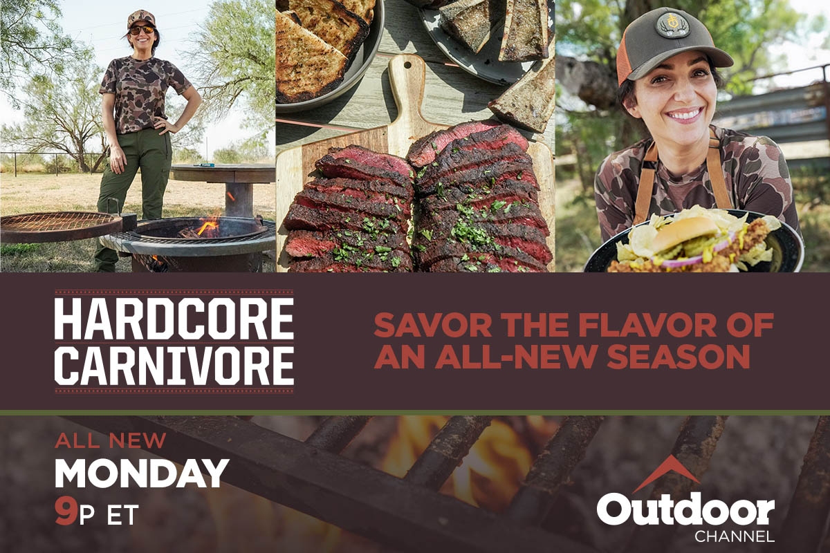 Woman in camo presenting delicious outdoor, wild game meals