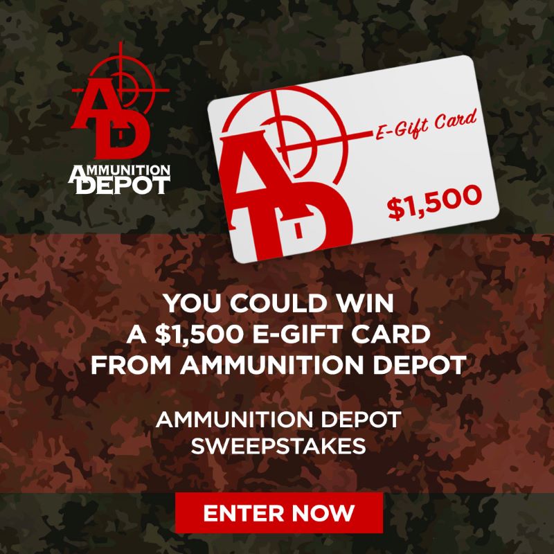 Black and brown background textured white and red Ammo Depot gift card for $1500 red enter now button
