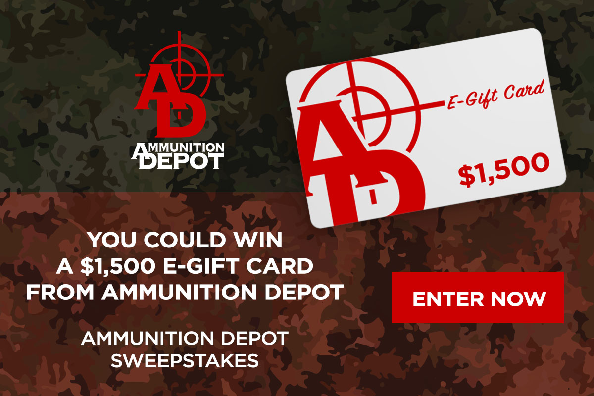 Image of Ammunition Depot's $1,500 gift card winnings from their sweepstakes; white card with red print