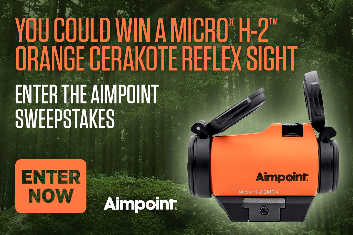 Image of Aimpoint Sweeps text and an orange sight on a wooded forest background