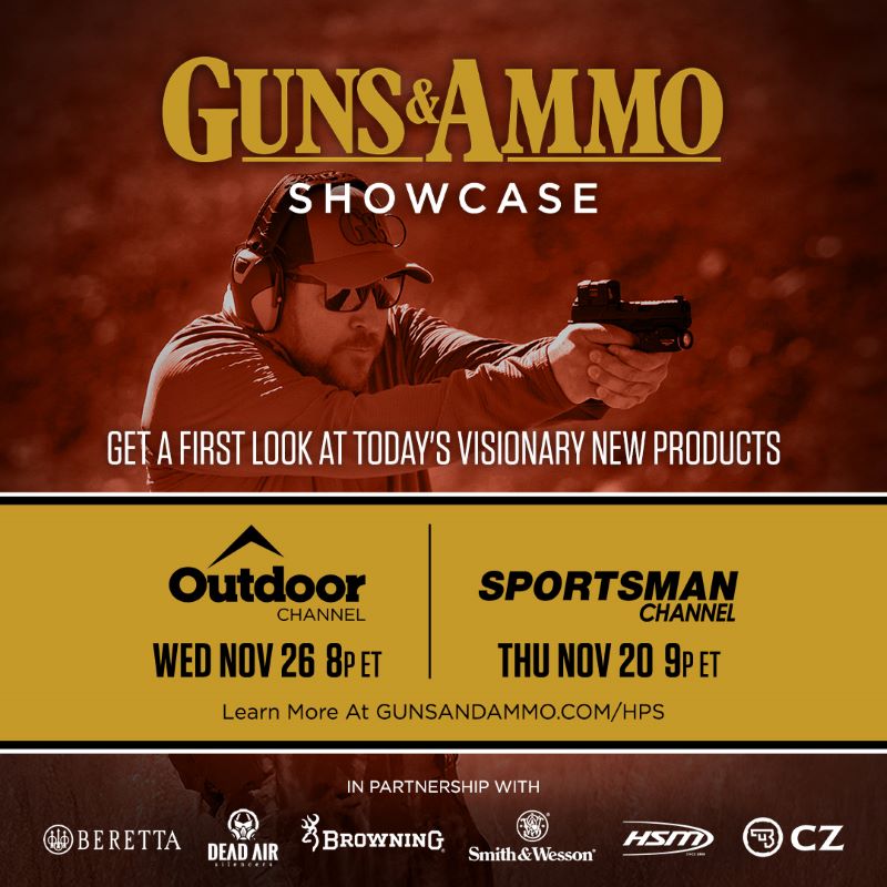 Dark sepia image of man with protective eye and earwear pointing firearm off the right side of the scene - yellow banner with black lettering with show times and Outdoor Channel and Sportsman Channel logos