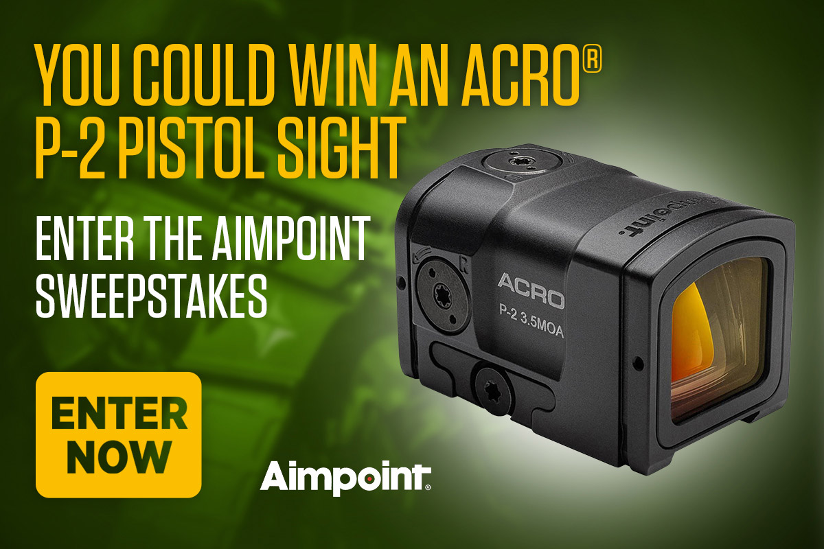 Image of Aimpoint Sweeps text and an black pistol sight on a wooded forest background