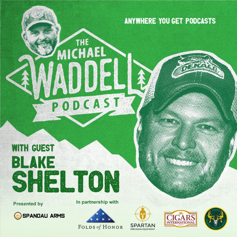 Green and white background with white lettering - image of Michael Waddell and Blake Shelton