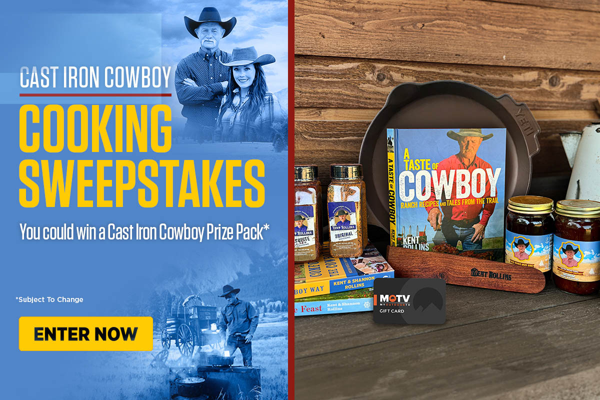 Blue, yellow, and red colors in image for Cast Iron Cowboy Cooking Sweepstakes, cooking items and products that appear to be a cookbook, seasonings, and sauces displayed to the right