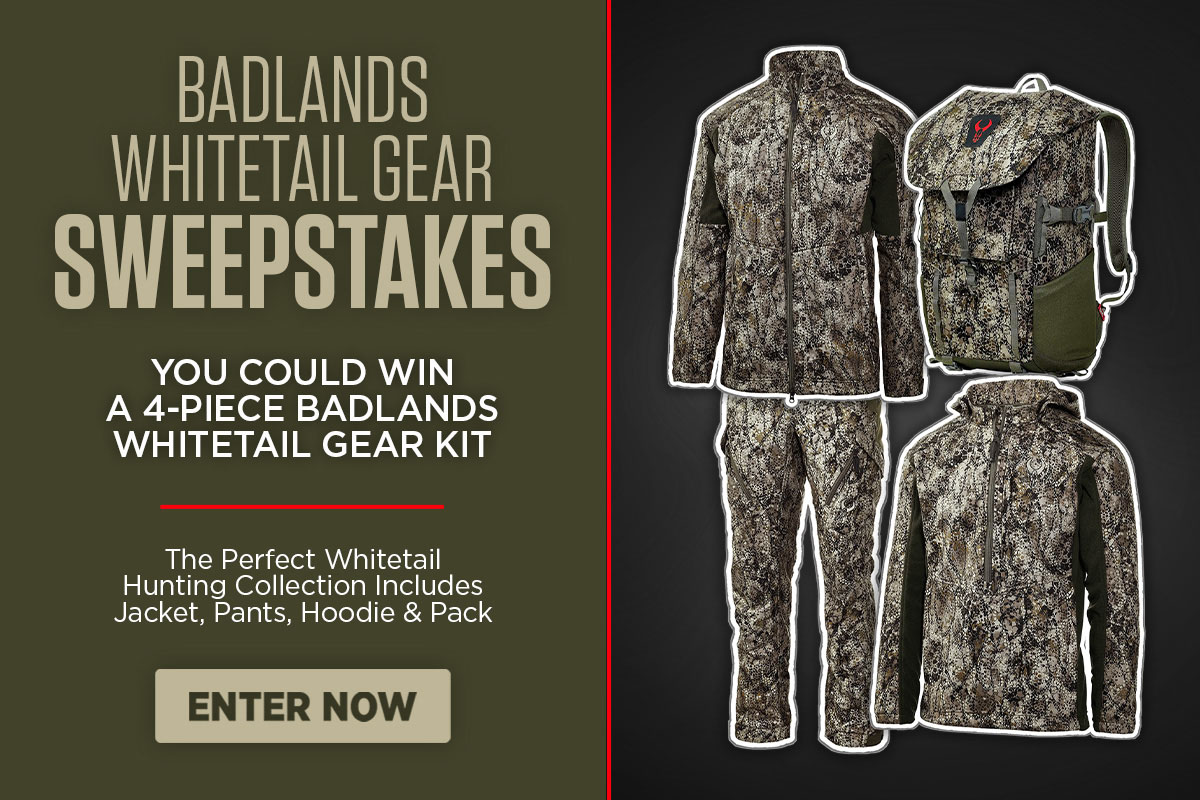 4-piece camo hunting gear displayed beside description to Badlands Gear Sweepstakes