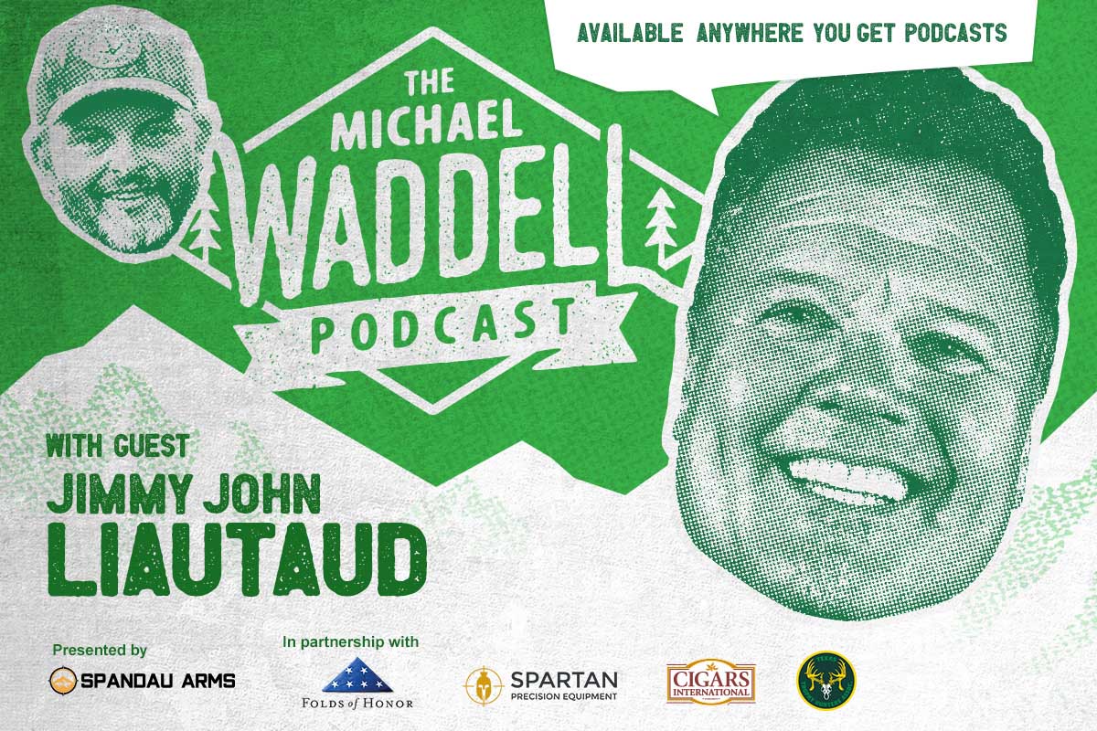 Green and white image with an impression of Michael Waddll pointing to text that reads The Michael Waddell Podcast