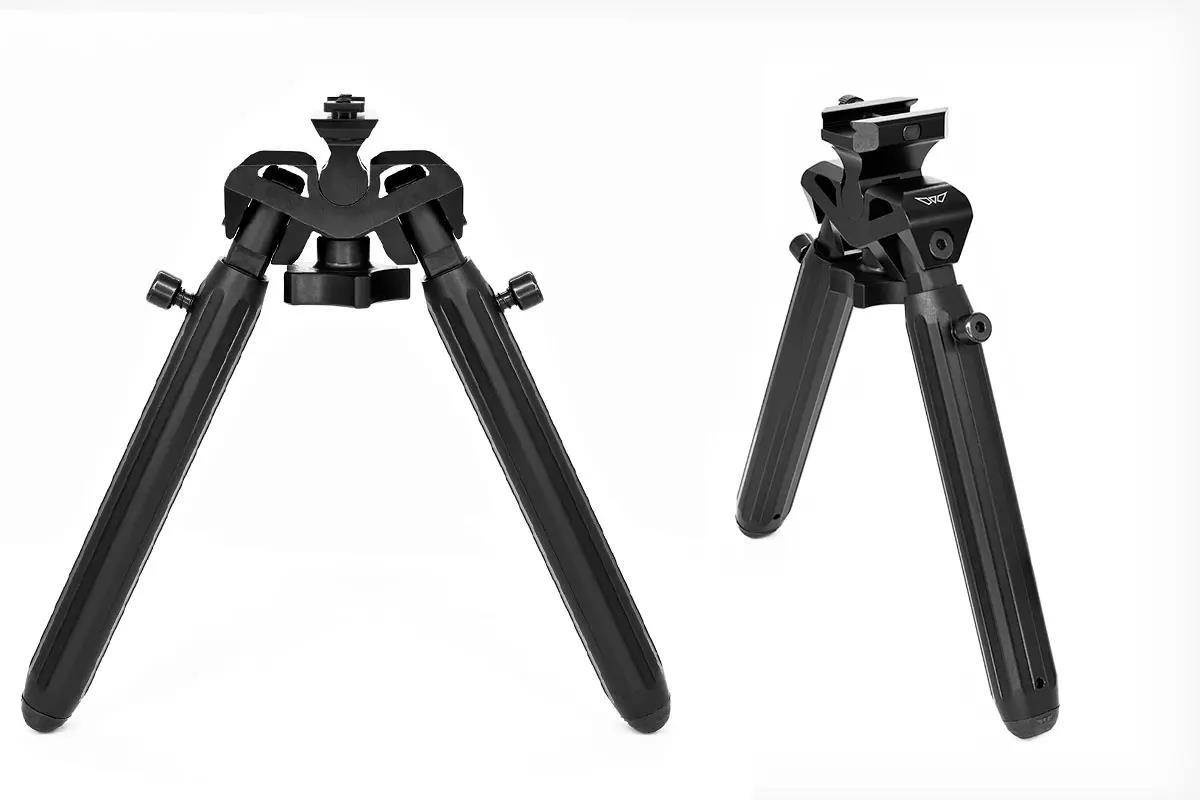 Black Warne bipod in two positions