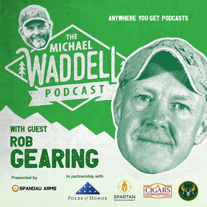 Green and white background with white lettering - image of Michael Waddell and Rob Gering