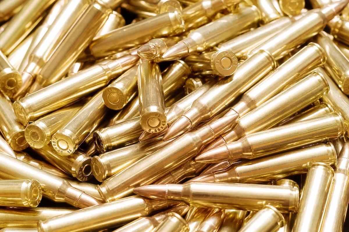 Close-up of long, gold jacket ammunition