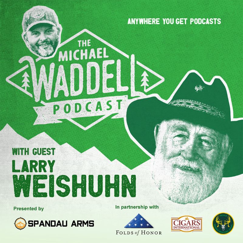 Green and white background with white lettering - image of Michael Waddell and Larry Weishuhn