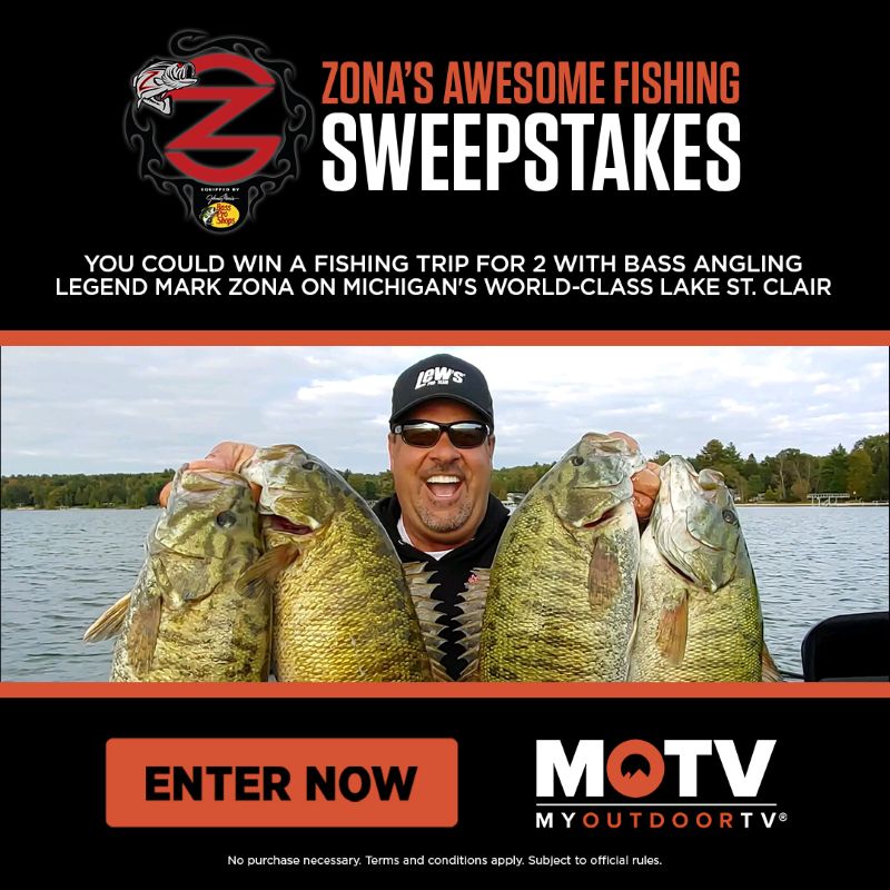 Black background image in center of graphic of sunglasses and ball cap wearing Mark Zona holding two striped bass in cach hand