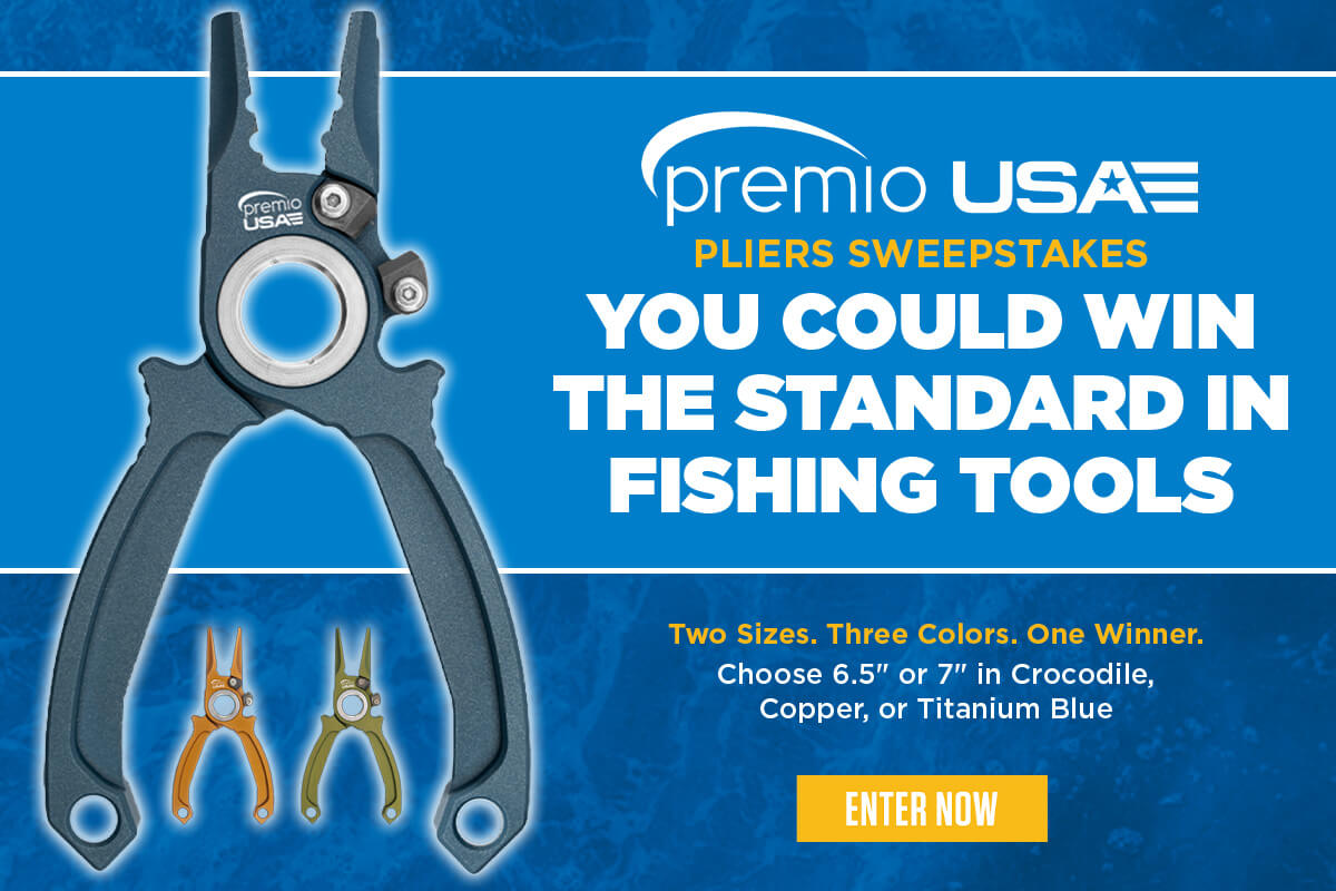 Large pair of black pliers from Premio USA on light blue background