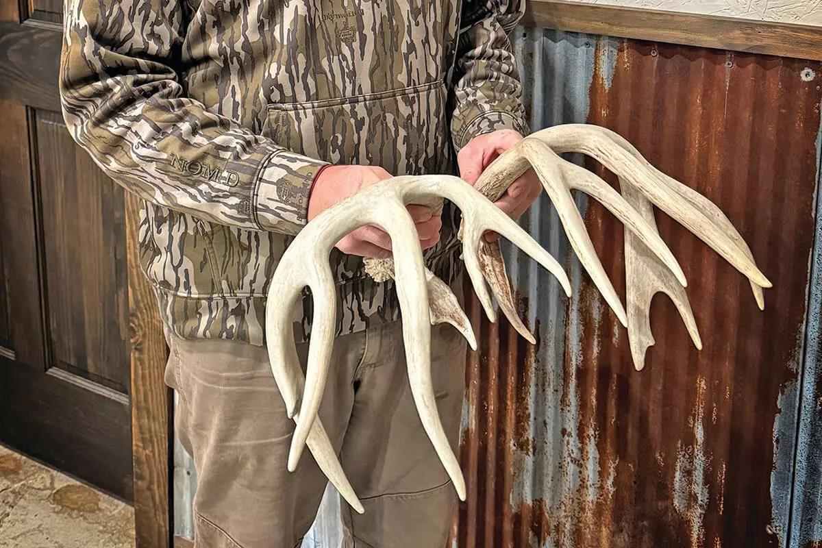 Hunter in camo hoodie holding large shed