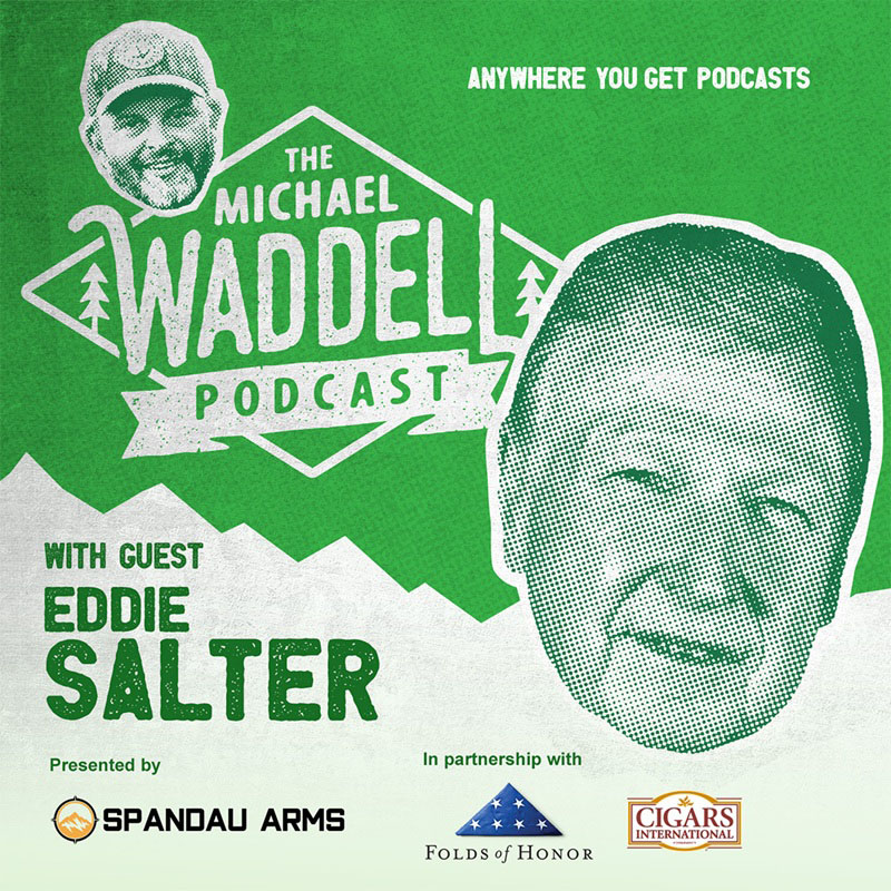 Green and white background with white lettering - image of Michael Waddell and Eddie Salter