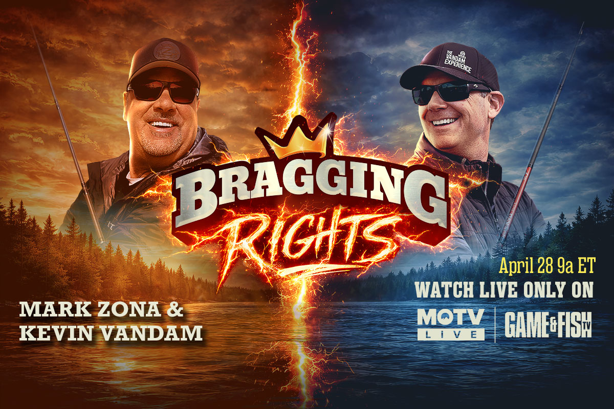 Mark Zona in red on left side, Kevin VanDam in blue on right, lake underneath them