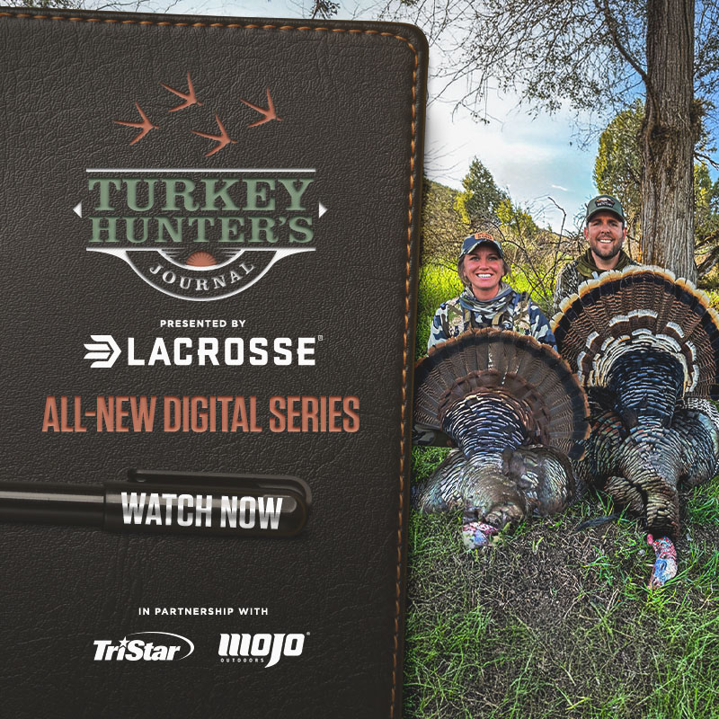 Split screen: left side is brown, leather textured with light brown stitching and Turkey Hunter's Journal Presented by Lacrosse logo and text 'All-New Digital Series - Watch Now.' Right side is a femail and male hunter sitting behind large tom turkey kills