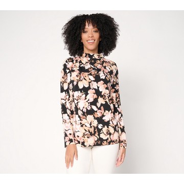 Susan Graver Printed Liquid Knit Funnel Neck Top with Ruched Detail