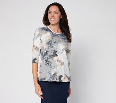 Denim & Co. Printed Texture Knit 3/4 Sleeve Rounded Hem Top