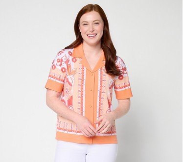 Susan Graver Printed Liquid Knit Button Front Camp Shirt