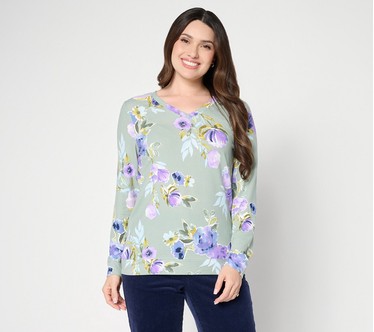 Denim & Co. Printed Heavenly Jersey V-Neck Pullover