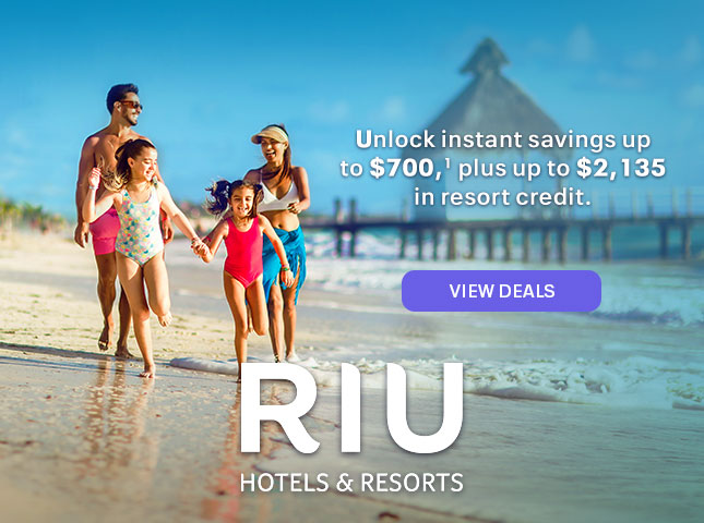 RIU Hotels & Resorts. Unlock instant savings up to $700,(1) plus up to $2,135 in resort credit. View deals.