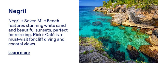 Negril's Seven Mile Beach features stunning white sand and beautiful sunsets, perfect for relaxing. Rick’s Café is a must-visit for cliff diving and coastal views. Learn more.