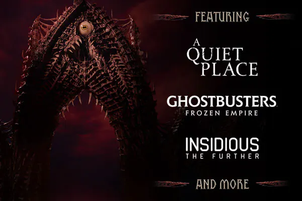 A QUIET PLACE, GHOSTBUSTERS: FROZEN EMPIRE and INSIDIOUS: THE FURTHER individual logo art alongside AND MORE with deep black and red clouds in the background.