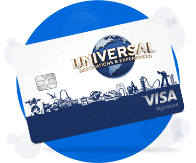 Gif that cycles through the Hero Universal Rewards Visa Signature® Card on a blue circle background, the Jurassic Universal Rewards Visa Signature® Card on a green circle background and the Minion Universal Rewards Visa Signature® Card on a yellow circle backgrounds
