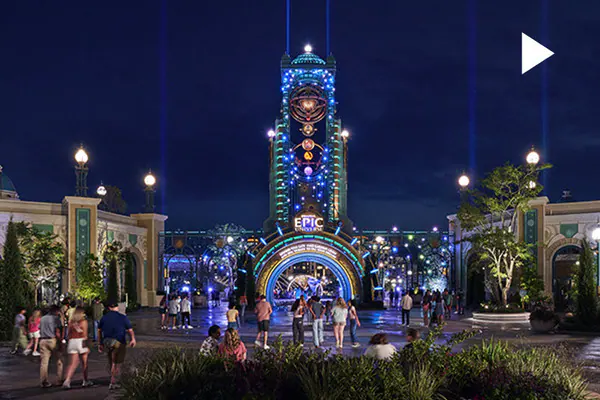 Nighttime image of the Universal Epic Universe Chronos