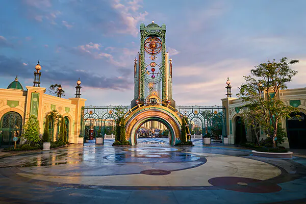 Universal Epic Universe portal on a rainy day