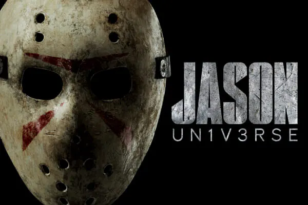 The words JASON UNIV3RSE next to Jason's hockey mask covered halfway by a shadow.
