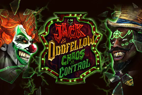 An orange-haired clown and a man in a top hat with a “JACK & ODDFELLOW CHAOS & CONTROL” sign, green lights and broken glass.