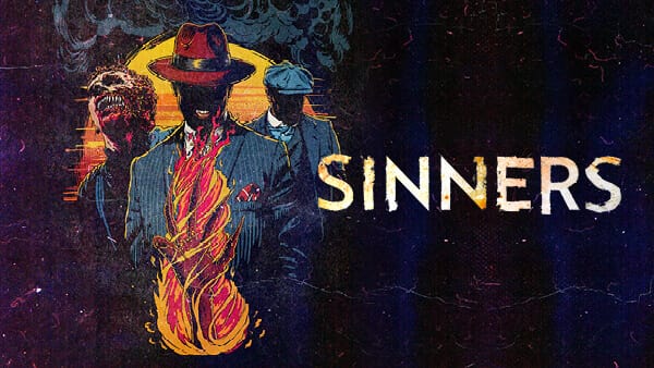 Three characters from the film Sinners standing together behind a hand wrapped in fire.