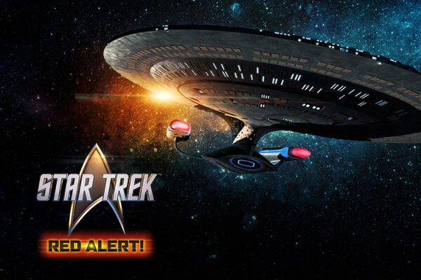 The U.S.S. Enterprise-D flying through a starry sky with the Star Trek logo to the left and the text “Red Alert!” underneath.