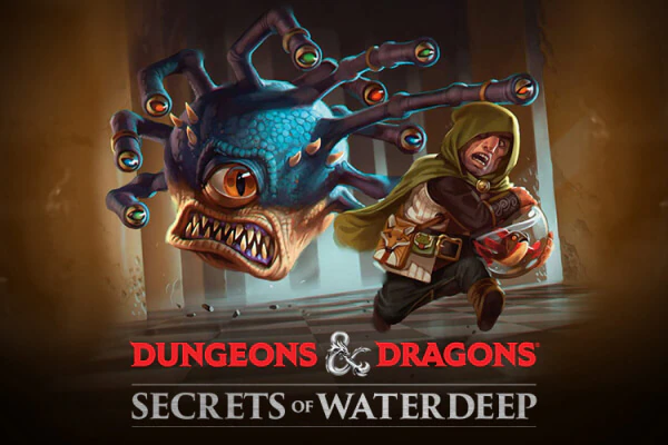 A Harper and Sylgar run away from Xanathar the Beholder with the logo for DUNGEONS & DRAGONS to their left, and the text “Secrets of Waterdeep” below.