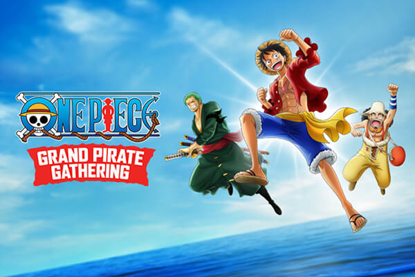 The logo for One Piece with the text “Grand Pirate Gathering” below and Monkey D. Luffy and his Straw Hat Crew jumping in the air.