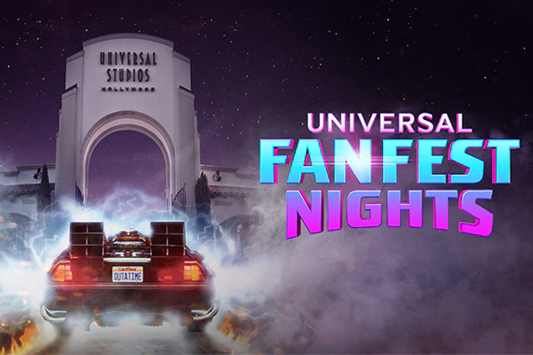 The Time Machine and Fan Fest Nights logo in front of Universal Studios Hollywood's arch surrounded by lightening and smoke.