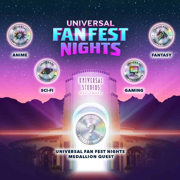 Universal Fan Fest Nights logo, Universal Studios entrance arch, and floating coins labeled Anime, Sci-fi, Gaming, Fantasy, and Ultimate Quest, all against a stylized nighttime background.