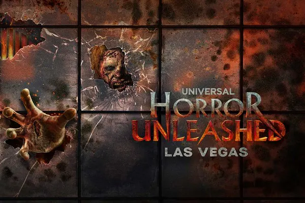 A gif showing fiery ash rising beneath bloodstained text that says Universal Horror Unleashed, Las Vegas 2025.