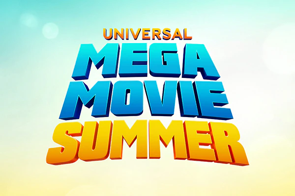 Blue and yellow text that reads “Universal Mega Movie Summer” from Universal Studios Hollywood.