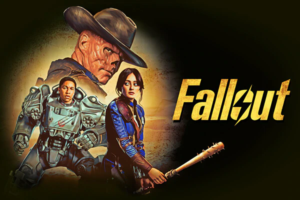 A stylized collage of characters The Ghoul, Maximus and Lucy MacLean, next to the yellow “Fallout” logo, on a black background.