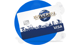 Gif that cycles through the Hero Universal Rewards Visa Signature® Card on a blue circle background, the Jurassic Universal Rewards Visa Signature® Card on a green circle background and the Minion Universal Rewards Visa Signature® Card on a yellow circle background.