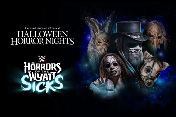 A collage of The Wyatt Sicks alongside the Universal Studios Hollywood Halloween Horror Nights logo and The Horror of The Wyatt Sicks logo.