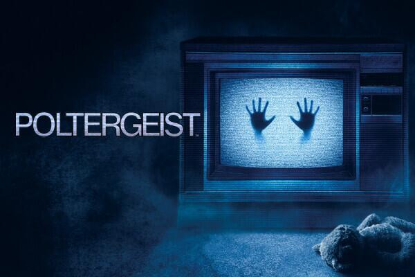 A 1980s-era TV showing static and two silhouetted hands, next to the word “POLTERGEIST,” surrounded by mist and darkness.
