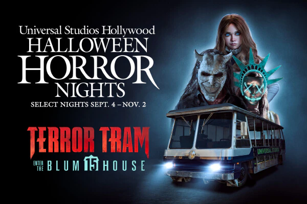 A gauntlet of Blumhouse villains gathering in front of a destroyed tram alongside the TERROR TRAM: ENTER THE BLUMHOUSE logo.