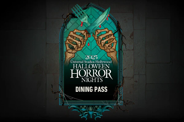 Skeleton hands holding a bloodied knife and fork, with the text: 2025 Universal Studios Hollywood Halloween Horror Nights Dining Pass.