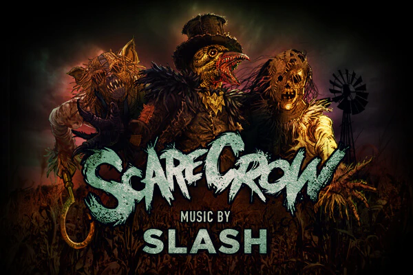 Illustration of three monstrous scarecrows, featuring the Halloween Horror Nights Scarecrows logo and the text: Music by Slash.