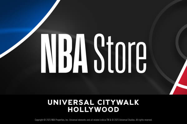 A black, blue and red abstract background with the words “NBA Store Universal Citywalk Hollywood”.
